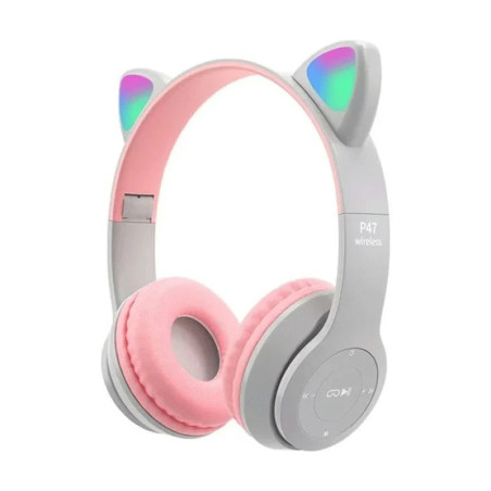Casque MP3 Bluetooth Oreillettes de Chat P47M - Gris Rose