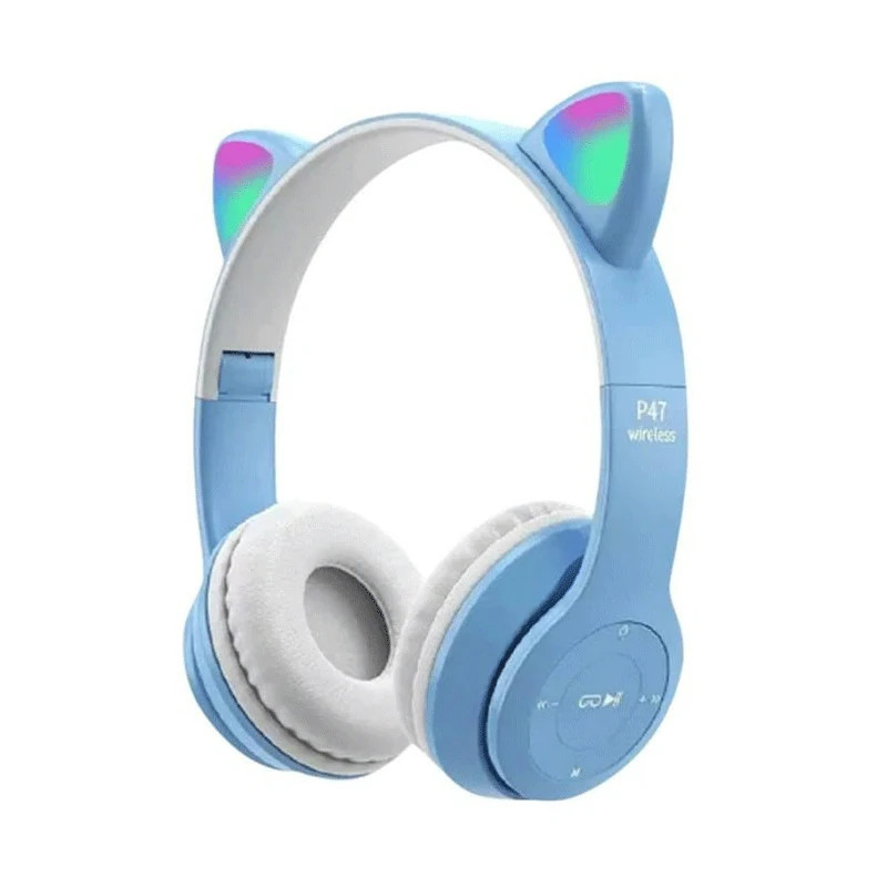 Casque MP3 Bluetooth Oreillettes de Chat P47M - Bleu Ciel