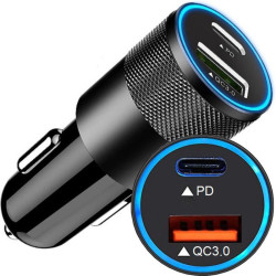 Chargeur Allume Cigare USB Type C PD 20W+ USB QC 3.0 - Noir