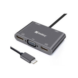 Station d'Accueil SANDBERG Dock USB-C 2xHDMI+1xVGA+USB+PD - Gris