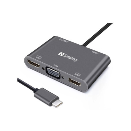 Station d'Accueil SANDBERG Dock USB-C 2xHDMI+1xVGA+USB+PD - Gris