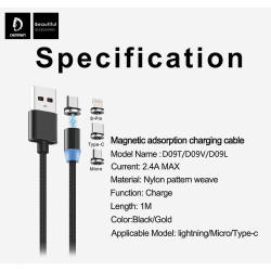 Cable USB Magnétique 3 en 1 Micro USB / Type C / Lightning DENMEN D09E