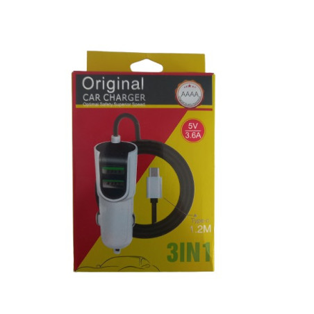 Chargeur Allume Cigare 3.6A 2 USB + Cable Type C